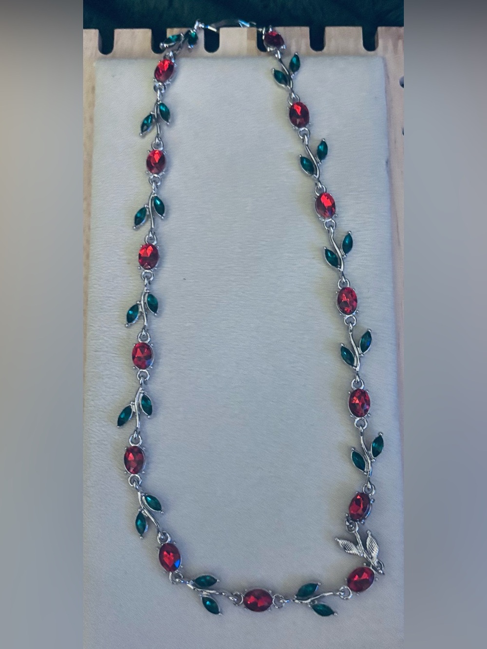 17” Silver Leaf Necklace with Red and Green Accents
